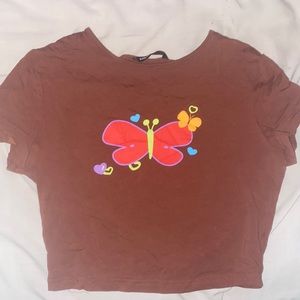 small, chocolate brown, butterfly cropped tee